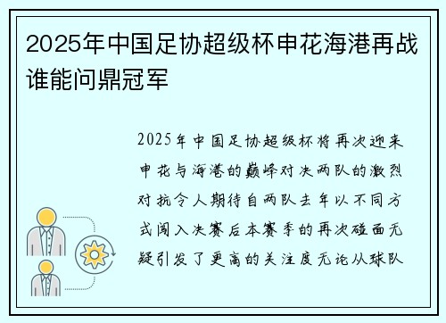 2025年中国足协超级杯申花海港再战谁能问鼎冠军